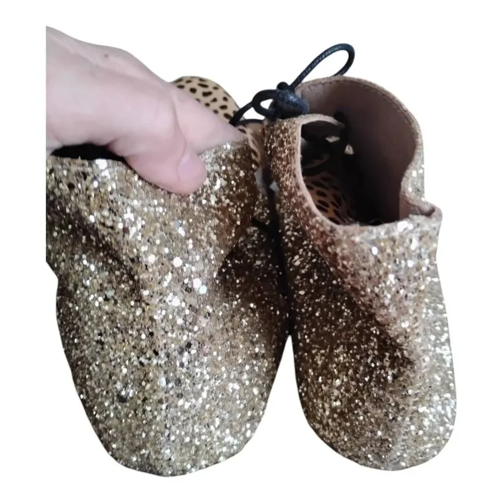 Monkey Feet Gold Glitter & Cheetah Ankle Booties Size 7